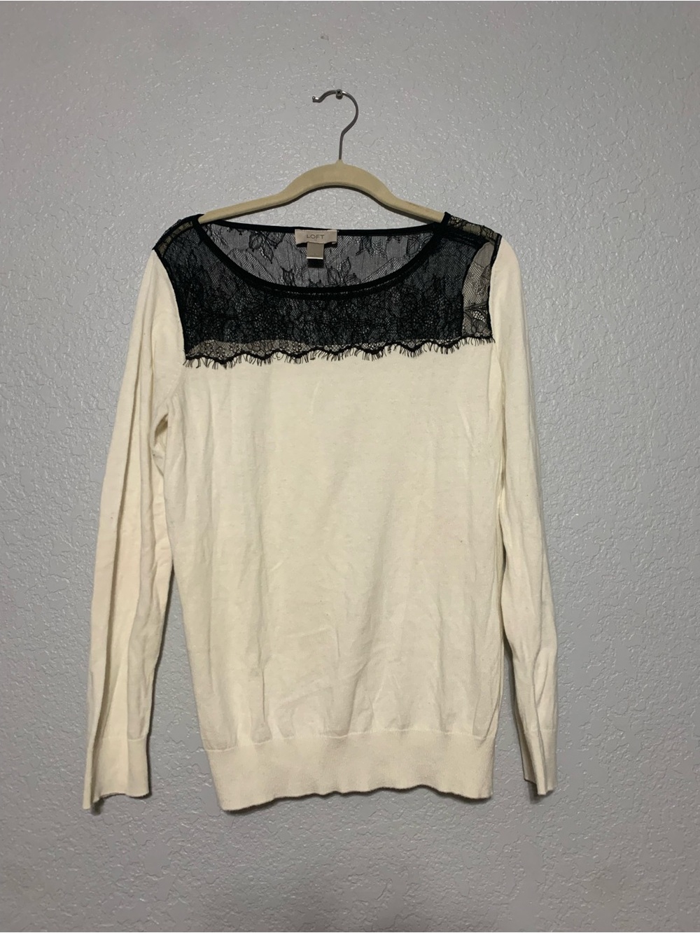 LOFT Ivory Top with Black Lace Overlay